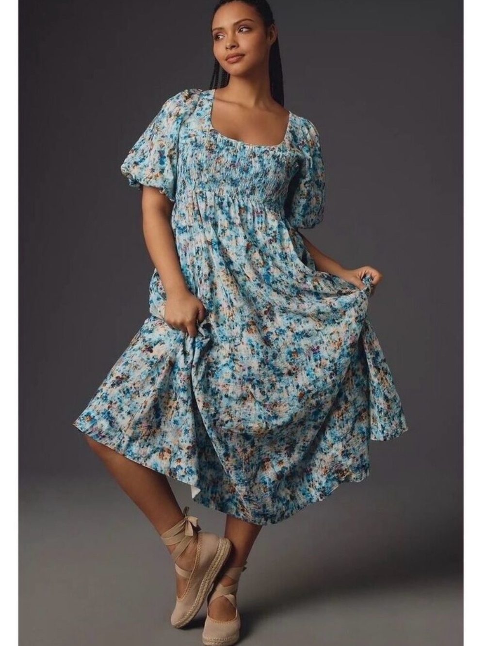 Anthropologie Blue Floral Smocked Midi Dress